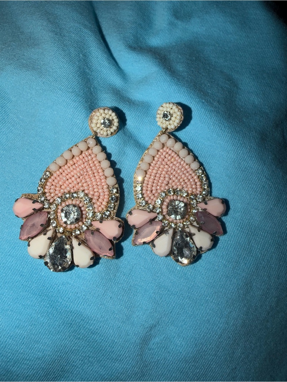 Beaded Pink Crystal Teardrop Statement Earrings